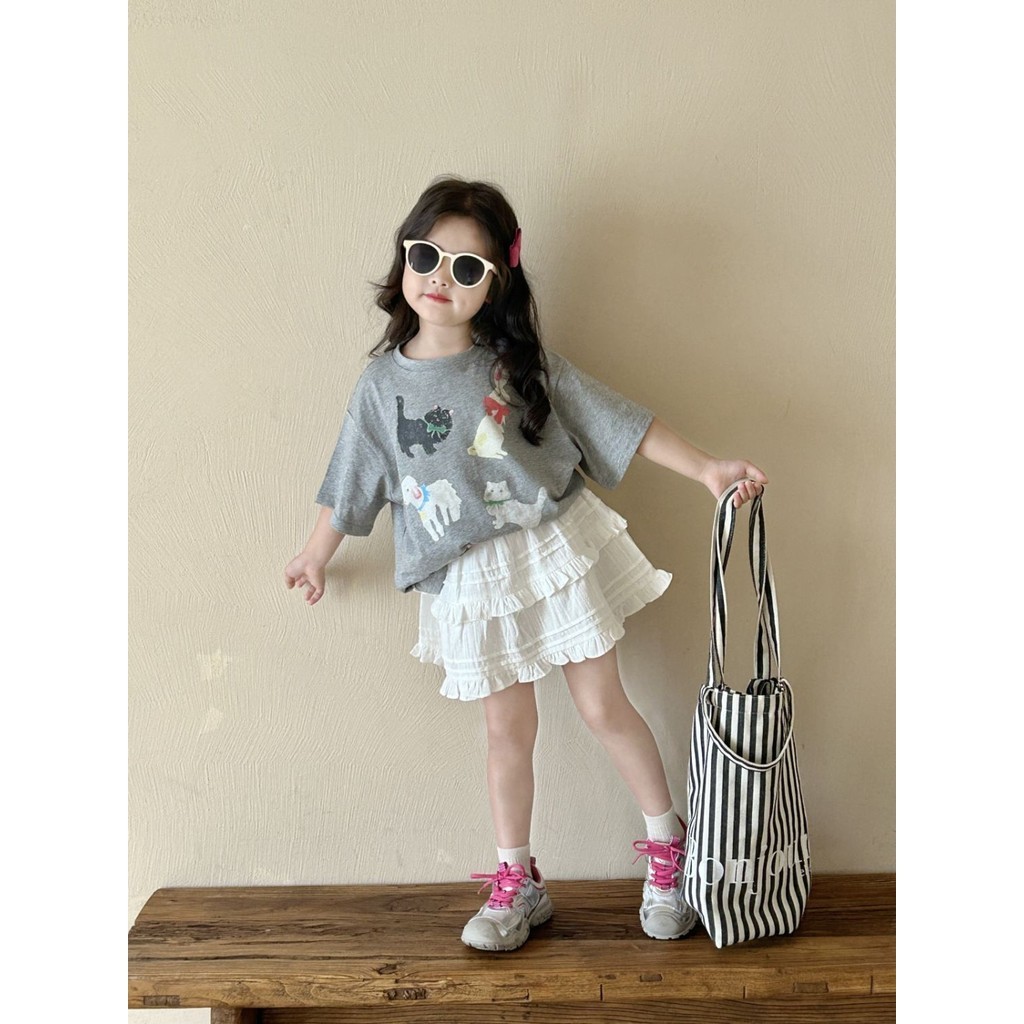 ทารกเพศหญิงเสื้อยืดแขนสั้นพิมพ์ลายการ์ตูนสไตล์ต่างประเทศเกาหลีเด็กฤดูร้อนลําลองและอเนกประสงค์ผ้าฝ้ายครึ่งแขนด้านบน