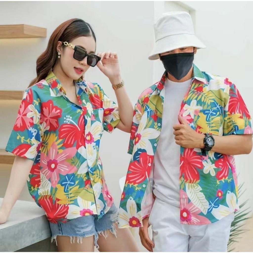 เสื้อฮาวาย hawaii เสื้อเชิ้ตฮาวา ลายใหม่2024 ทรงวัยรุ่น ใส่ได้ผู้หญิงผู้หญิงผู้หญิงผู้ชาย ผ่าโพลีเอสเตอร์ ใส่สบาย A14