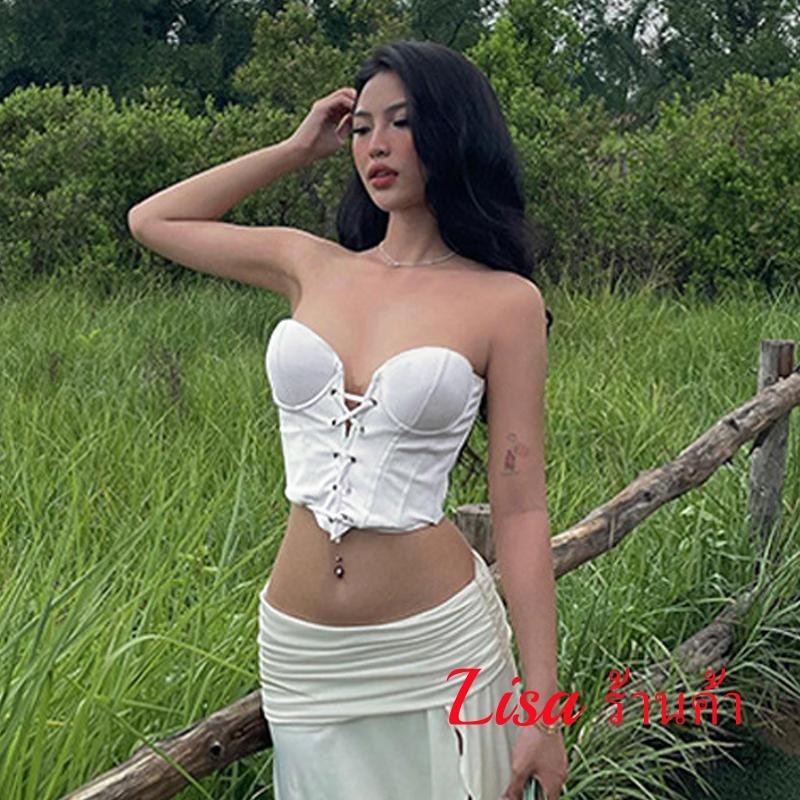 ผู้หญิงรัดตัว Tube Tops แขนกุดสีทึบ Bustier CROSS Tie-up Bandeau Crop Tops