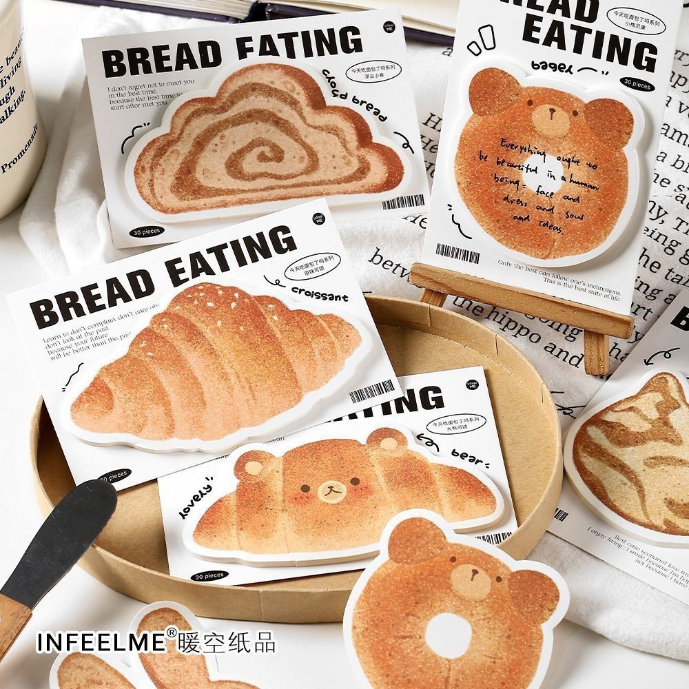 30 ชิ้น/แพ็ค อร่อย ขนมปังบันทึกเหนียวน่ารักการ์ตูนบันทึกหน้าเครื่องหมายธงในรูปร่างที่แตกต่างกันสําหรับโรงเรียนบ้านและสํานักงาน น่ารัก เครื