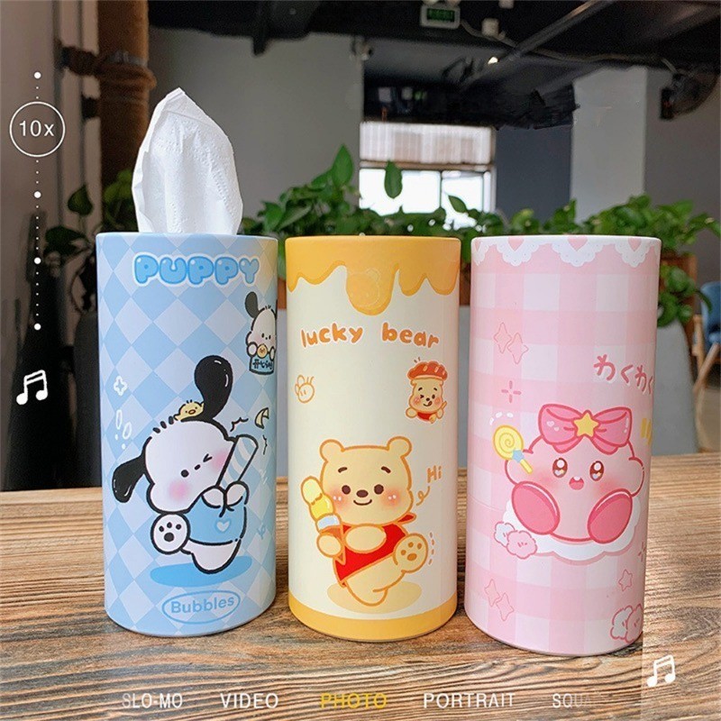 Sanrio Car Round กล ่ องกระดาษทิชชูกระป ๋ อง Kuromi Cinnamoroll Creative กล ่ องกระดาษทิชชู ่ ในรถยนต ์
