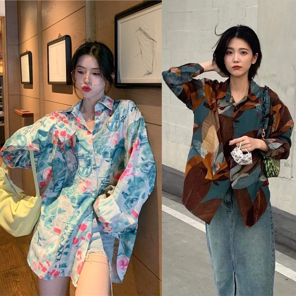 🌻Lune_Grace🌻เสื้อเชิ้ตแขนยาวลายใหม่ คอปกทรงหลวมใส่สบาย แฟชั่นเกาหลี ฟรีไซส์