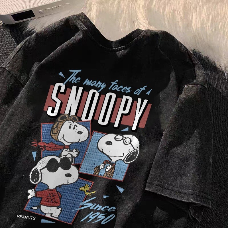 เสื้อยืดโอเวอร์ไซส์สีดำฟอกแฟชั่นสตรีทรงหลวมผ้าฝ้าย 100% เสื้อ Snoopy