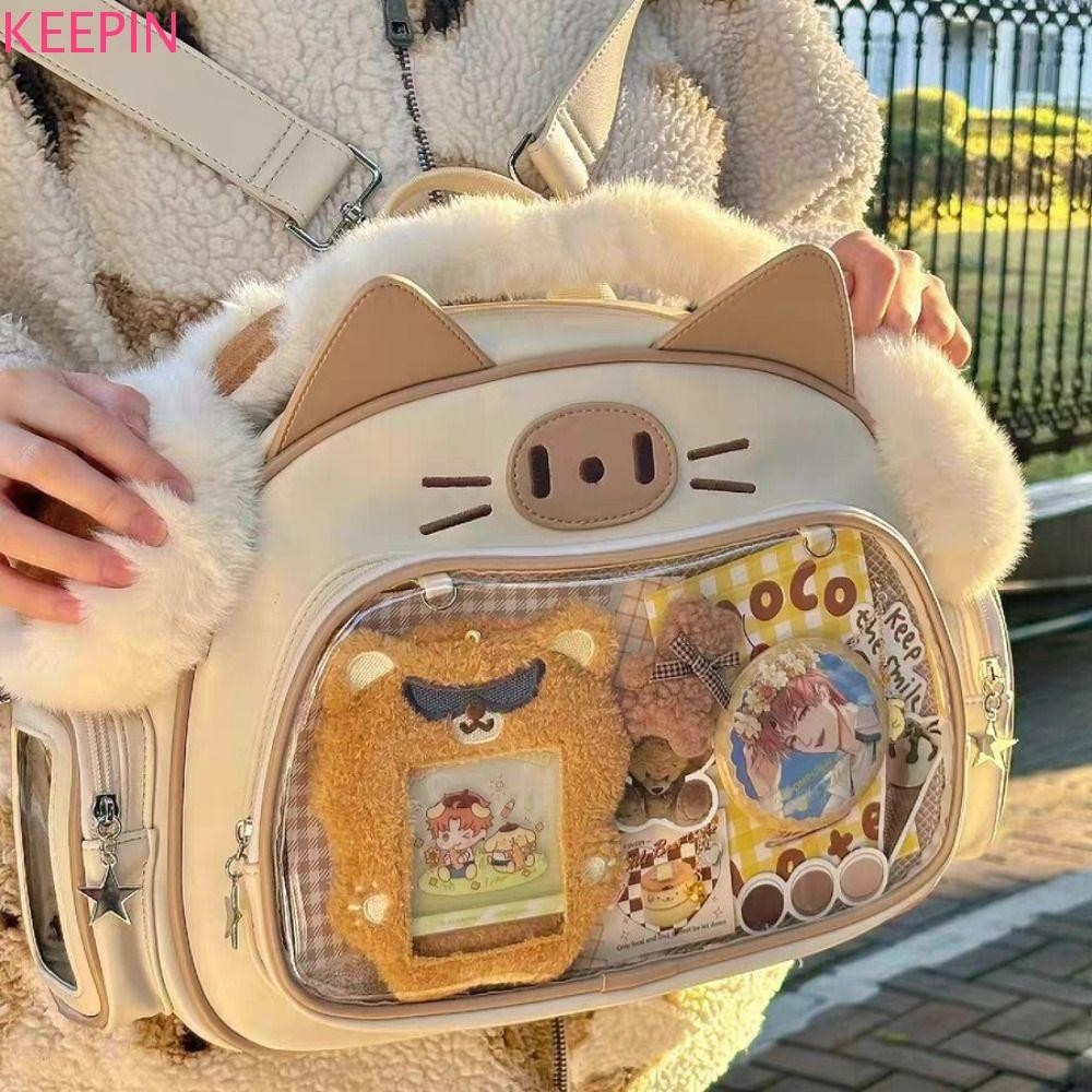 Keepin Kawaii Cat Itabag, กระเป๋าซิป PU โปร่งใสกระเป๋า, Casual Cotton ตุ๊กตากระเป๋า Idol Merchandise กระเป๋าสตางค์แฟชั่นกระเป๋าเป้สะพายหลัง Travel