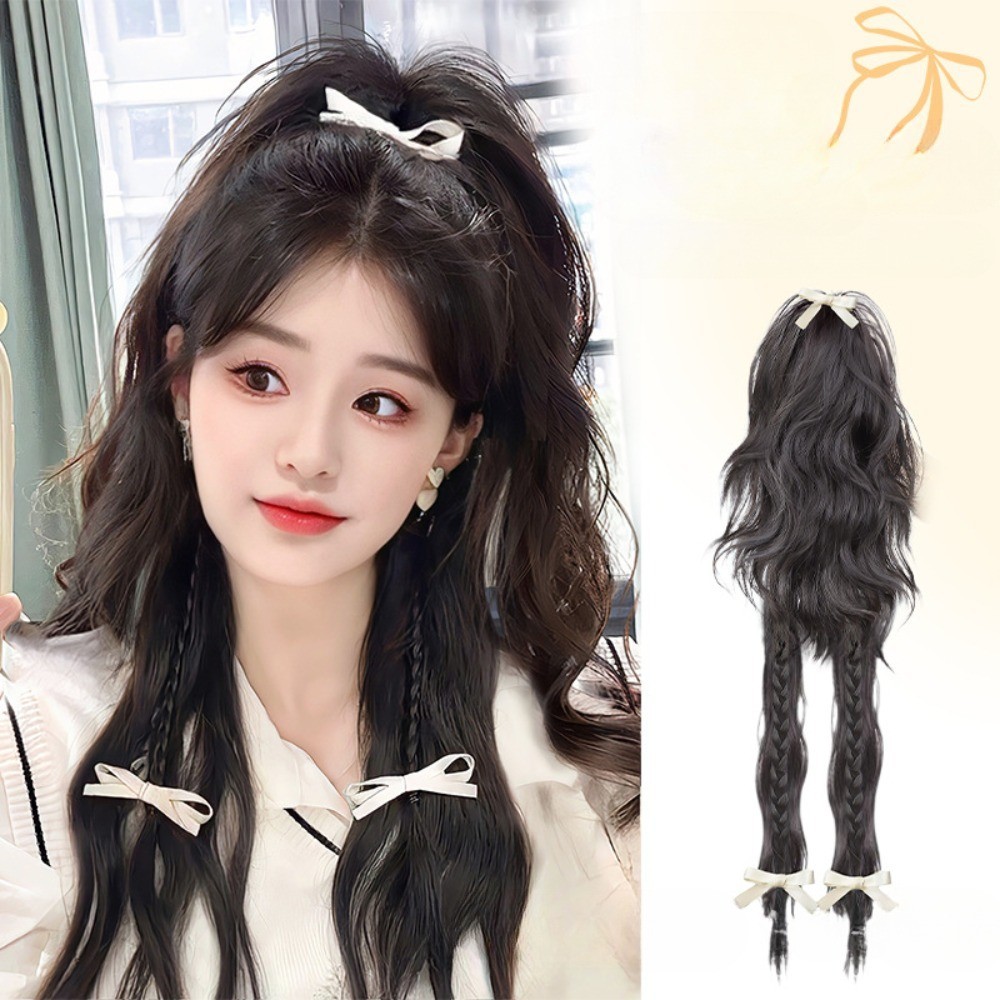 Y2k Dopamine สาว Bowknot หยิกถักคลิปวิกผมหางม ้ าจําลองมวยครึ ่ งผูกผู ้ หญิงผม Extension