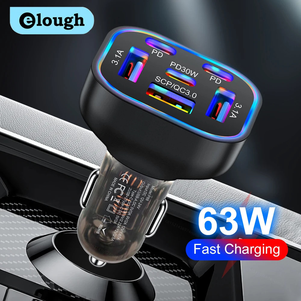 Elough Luminous 63W USB Car Charger Fast Charging QC3.0 อะแดปเตอร์ชาร์จในรถยนต์ 6 พอร์ต PD 3.0 ประเภท C ที่ชาร์จแบตในรถพร้อมไฟ