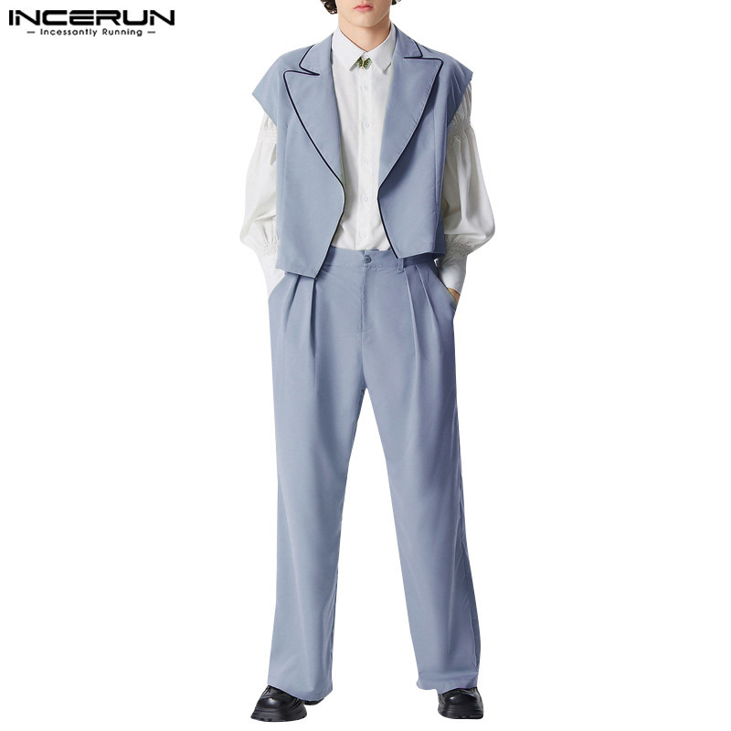 Incerun Men Vintage Casual สีทึบแขนกุดหลวมชุดสองชิ ้ น