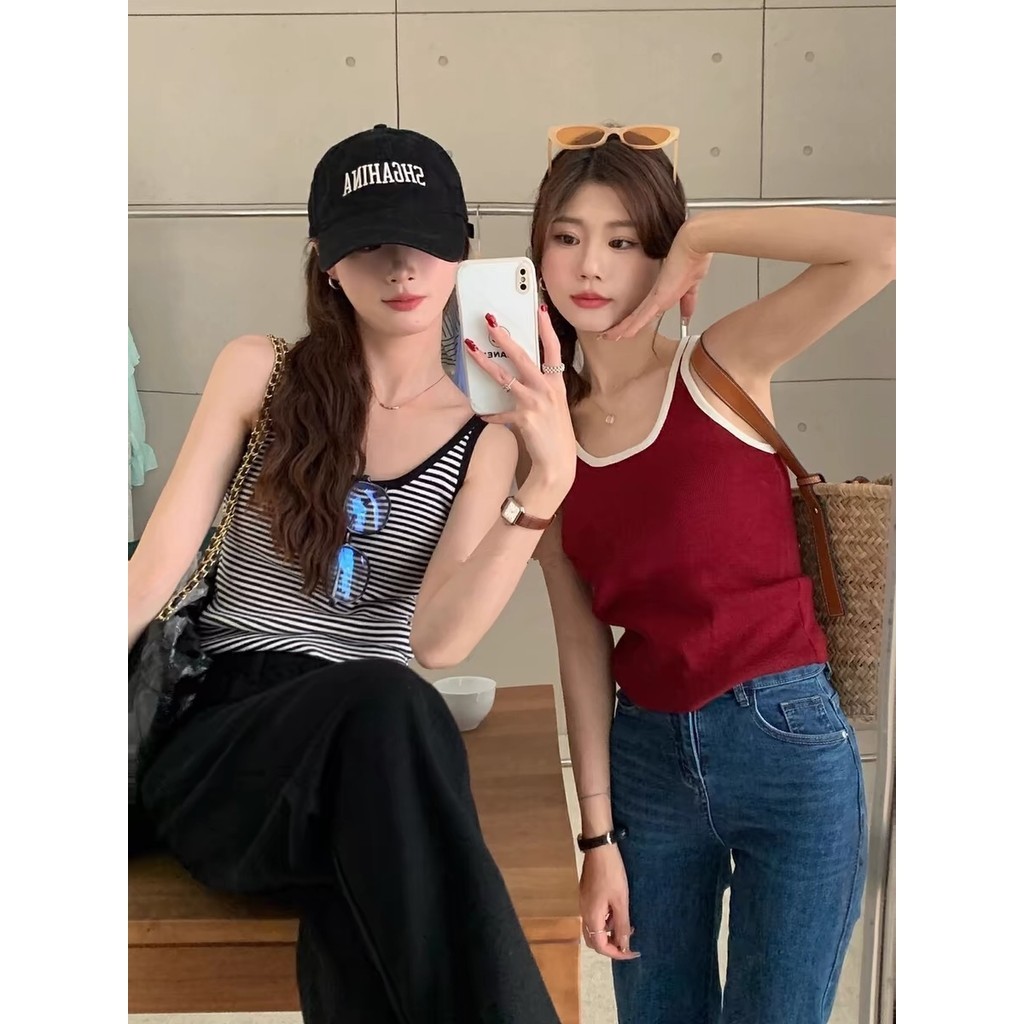 Xiao Color Stripes Slim-fit All-Match สวมใส่ด้านนอกถักเสื้อกั๊กผู้หญิงฤดูร้อนภายในเวอร์ชั่นเกาหลีฐานสั้นสลิงสีแดง Guange Armor Q5DM