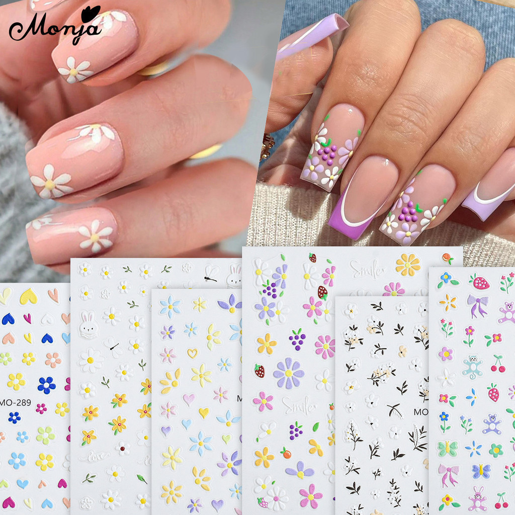 Monja 3D สติกเกอร์เล็บดอกไม้กระต่ายหัวใจสตรอเบอร์รี่ผลไม้นูนบรรเทา กาวเล็บ Decals DIY ตกแต่งเล็บ