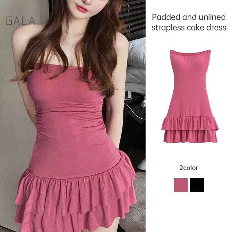 Niche Strapless Dress สุภาพสตรีฤดูร้อนสไตล์ร้อนกระโปรงสั้นเซ็กซี่ฮิปปี้กระเป๋าเค้กกระโปรง