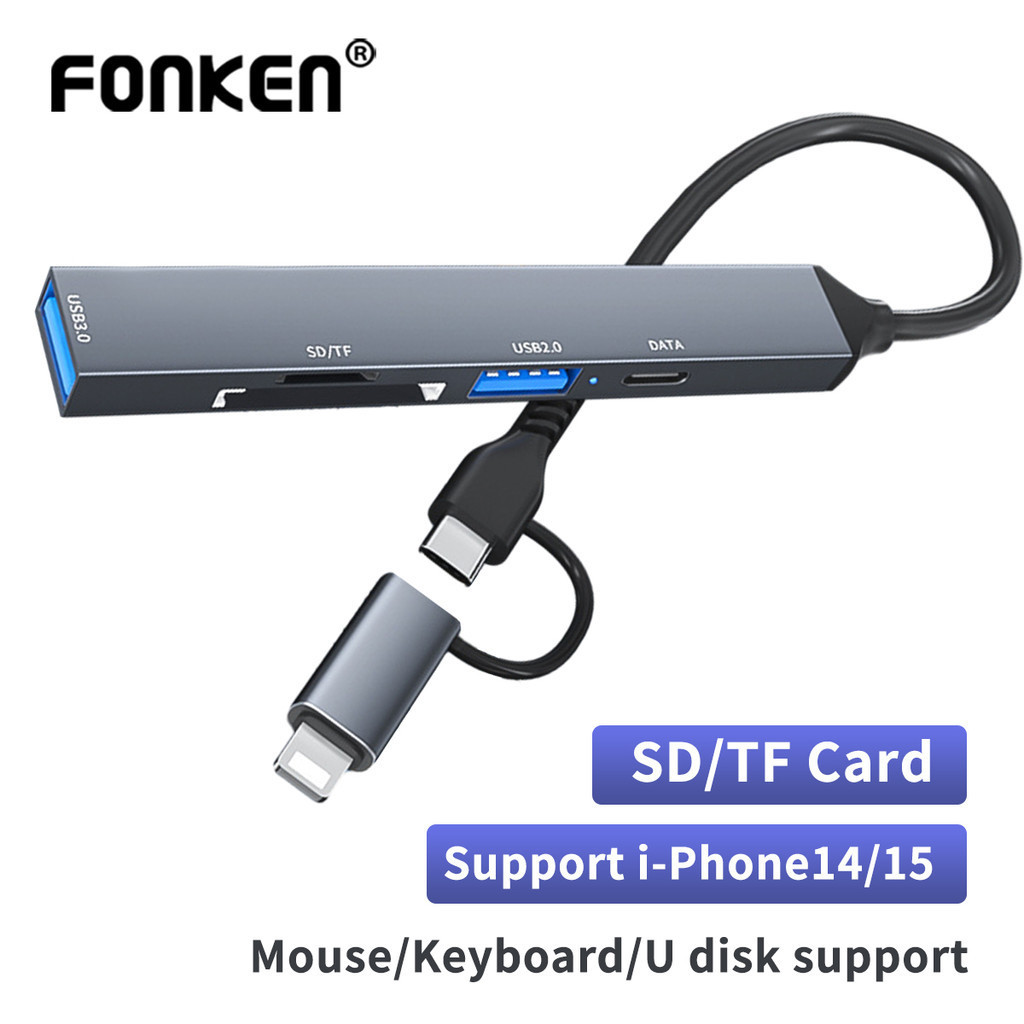 Fonken 5 ใน 2 Type-C/iOS Hub อะแดปเตอร์ USB3.0 Type-C 2.0 SD/TF Card Docking Station หูฟังพอร์ตข้อมู