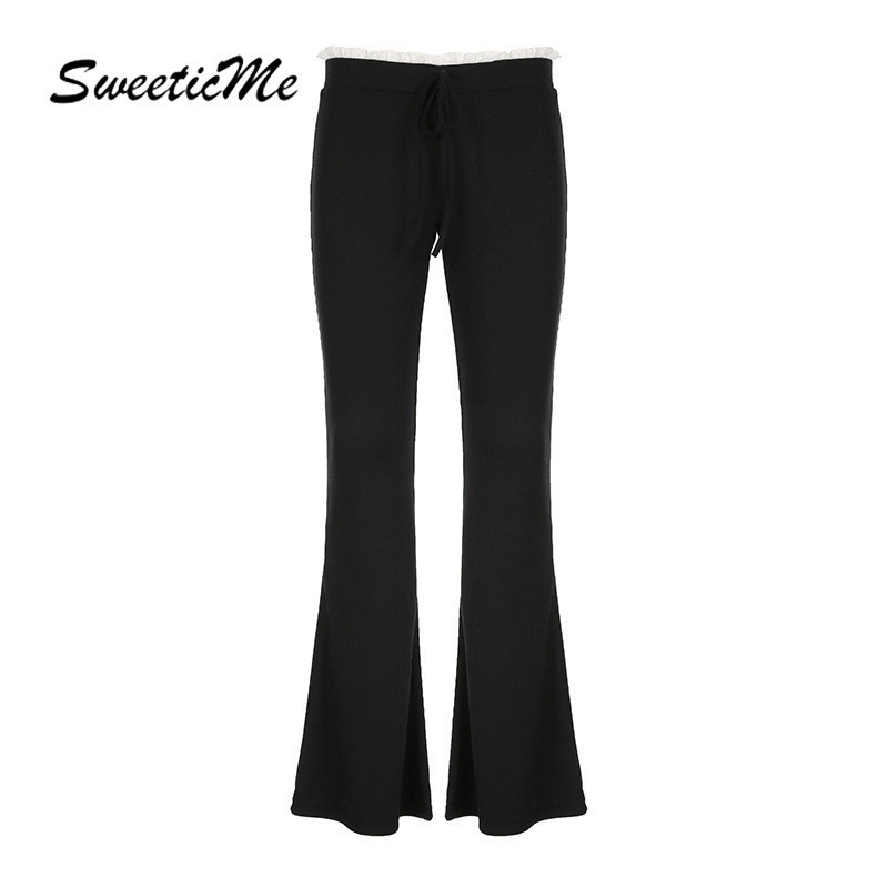 Sweeticme ผู ้ หญิง 2024 ใหม ่ แฟชั ่ นเอวต ่ ําดอกไม ้ ขอบ Causal Flared กางเกง