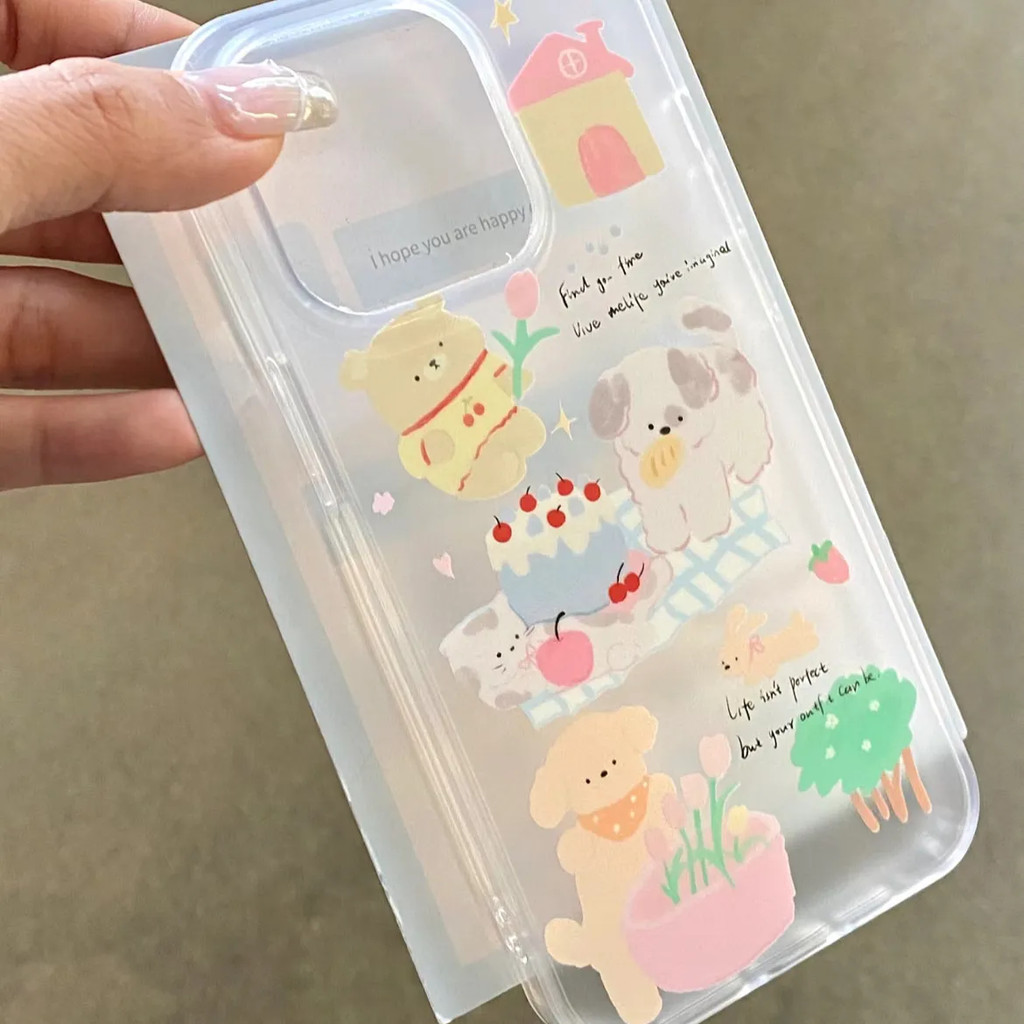 {จัดส่งด่วน} น่ารักปิคนิคลูกสุนัขรูปแบบ Frosted โปร่งใสซิลิโคนเคสโทรศัพท์แบบนุ่มเหมาะสําหรับ iPhone x/xs/xr/xsmax/7/8plus/11Promax/12/13/14Promax/15 Shock-resistant รวมทุกอย่างเคส