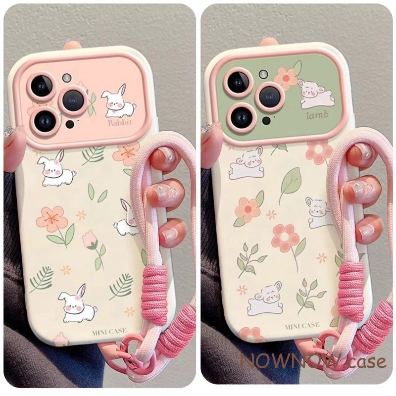สําหรับ iPhone 15 14 13 12 11 Pro MAX X XR XS MAX 7 8 Plus สาวการ์ตูนกระต่ายน่ารัก Fragmented ดอกไม้เคสโทรศัพท์หน้าต่างขนาดใหญ่พร้อมสายรัดแขวนและสายรัดข้อมือเพื่อป้องกันการสูญเสีย