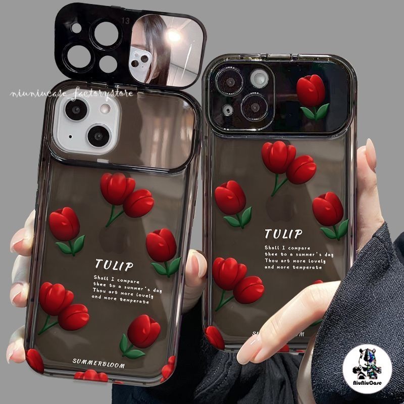 สำหรับ iPhone 11 15 14 13 12 Pro 7 8 Plus XR XS MAX เคส ดอกไม้สีดำ กรณีโทรศัพท์กระจกฝาพับหรูหรา ซิลิโคนนุ่ม ป้องกันการตก