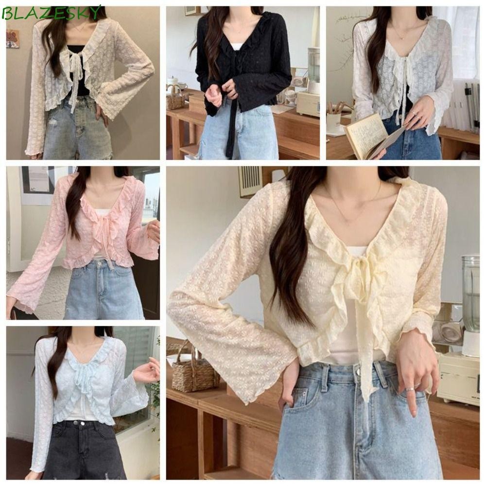 Blazesky Hollow Out Flower Cardigan, Ruffled Edge แขนยาว Lace Up คาร์ดิแกนโครเชต์, แฟชั่น V คอ Sun Protection ผ้าคลุมไหล่เกาหลี Sun Protection เสื้อสเวตเตอร์ถักวันหยุด