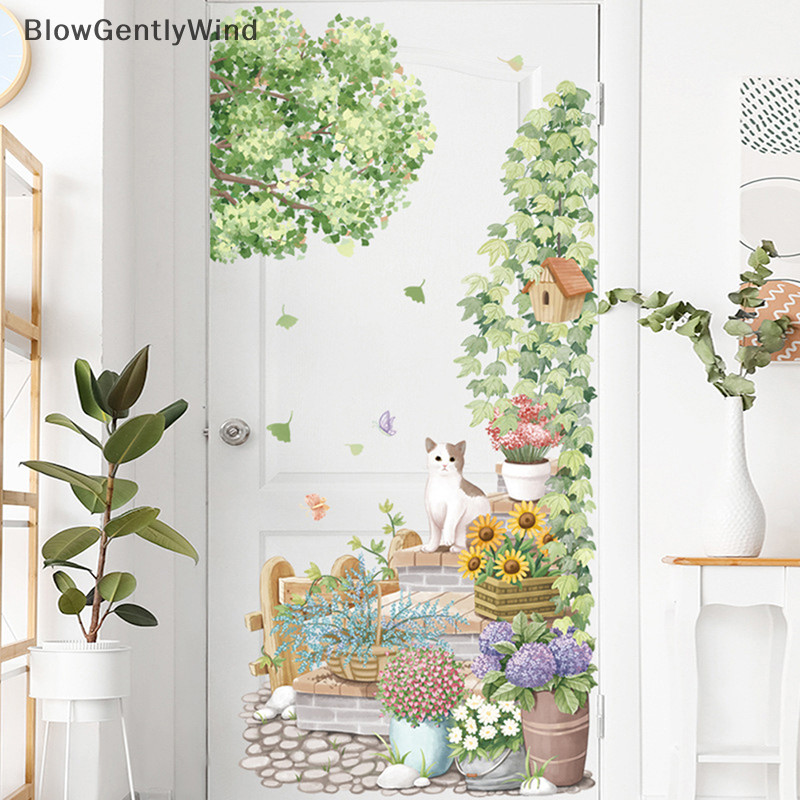 Blowgentlywind การ์ตูนดอกไม้สีเขียวสติกเกอร์ห้องนั่งเล่นตกแต่งไวนิลสติ๊กเกอร์ติดผนังดอกทานตะวันแมวน่ารัก DIY เด็กประตูภาพจิตรกรรมฝาผนังวอลล์เปเปอร์ BGW