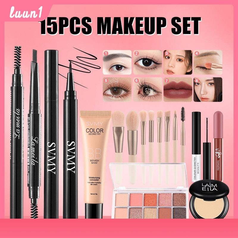 15 ชิ้นชุดแต่งหน้าครบชุดแปรงเครื่องสำอางชุดอายแชโดว์ Pearlescent Matte Lasting บีบีครีมลิปสติกคอนซีลเลอร์ซ่อมแป้งพัฟมาสคาร่าชุดแต่งหน้าตาชุดแต่งหน้าหน้าชุดเครื่องสำอาง COD
