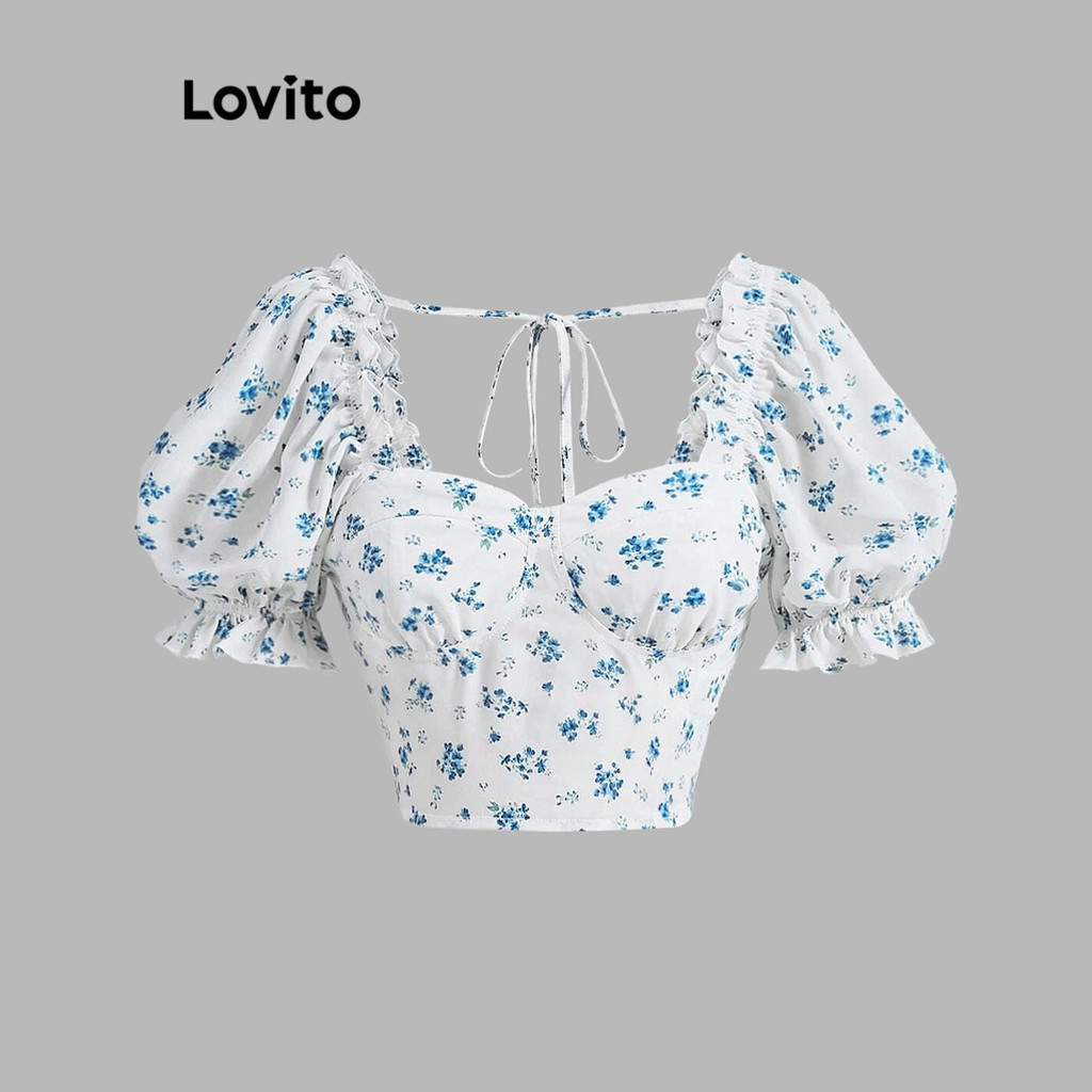 Lovito เสื้อเบลาส์ผู้หญิง สไตล์ลำลอง ลายดอกไม้เดซี่ ขอบหยัก แขนพอง L70AD014 (สีขาว)
