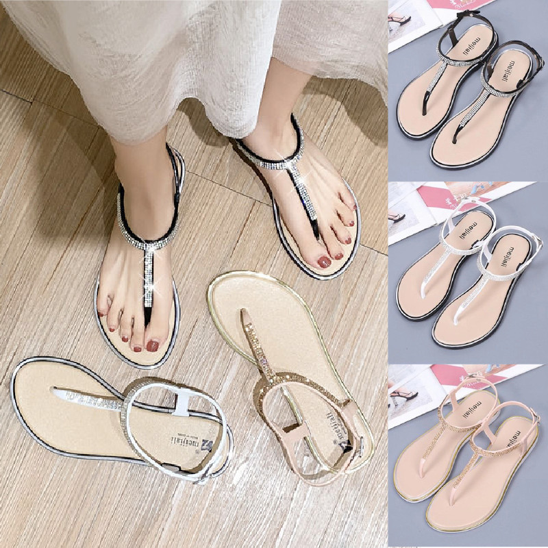 รองเท้าแตะรัดส้นพร้อมส่งในไทย แต่งสายเพชรแบบหูคีบ ใส่สบายไม่กัดเท้า ใส่ได้หลายโอกาส สีขับผิว #sy172