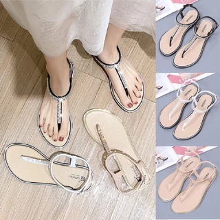 รองเท้าแตะรัดส้นพร้อมส่งในไทย แต่งสายเพชรแบบหูคีบ ใส่สบายไม่กัดเท้า ใส่ได้หลายโอกาส สีขับผิว #sy172