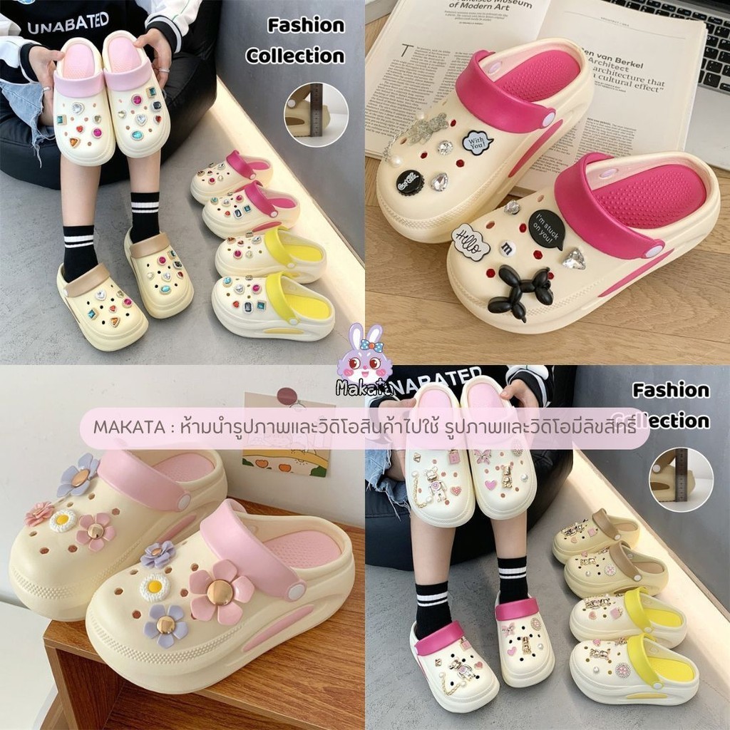 EVA SHO-JM รองเท้าหัวโต แถมตัวติดน่ารัก พาสเทลสีอ่อน เสริมส้นสูง แบบสวม มีสายรัดส้น วัสดุยาง สินค้าพร้อมส่ง