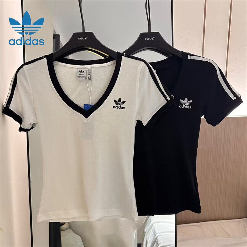 โลโก้ปัก Adidas 100% Original ผ้าฝ้ายแขนสั้น Tshirt คู่เสื้อยืด Bottoming เสื้อ V คอ Tshirt Tops สําหรับผู้หญิง