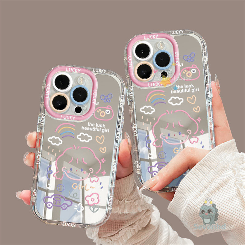 Ins OriginalสําหรับiPhone 6 7 8 Plus iPhone 11 13 12 14 15 Pro Max X XR Xs Maxเคสโทรศัพท์ครีมกระจกGlossyปลอกการ์ตูนน่ารักสาวซิลิโคนป้องกันปกอ่อน