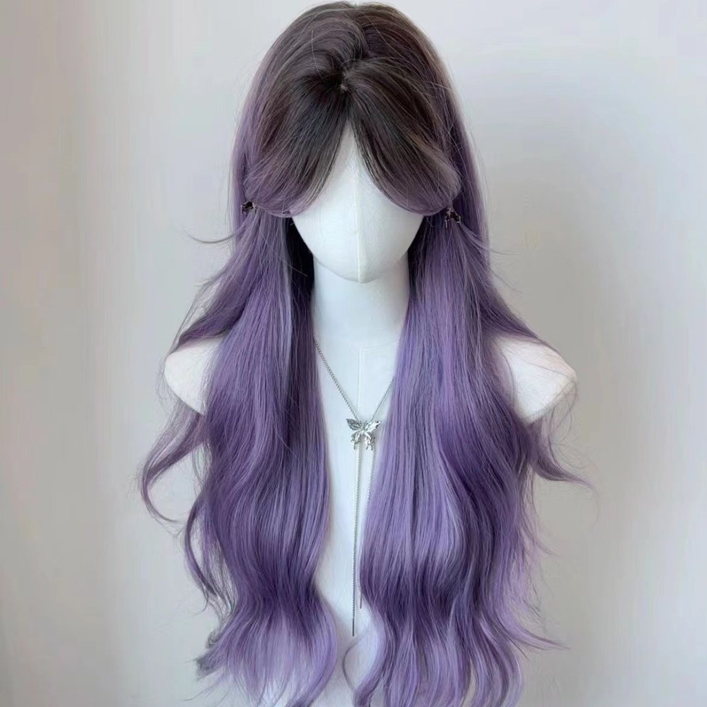 [ดอกไม้วิสทีเรีย] วิกผมหญิงทรงผมเต็มผมยาวสีม่วง เพราะ เต็มด้านบนคลื่นลูกใหญ่ผมหยิกยาวจําลองผมมนุษย์ ว260
