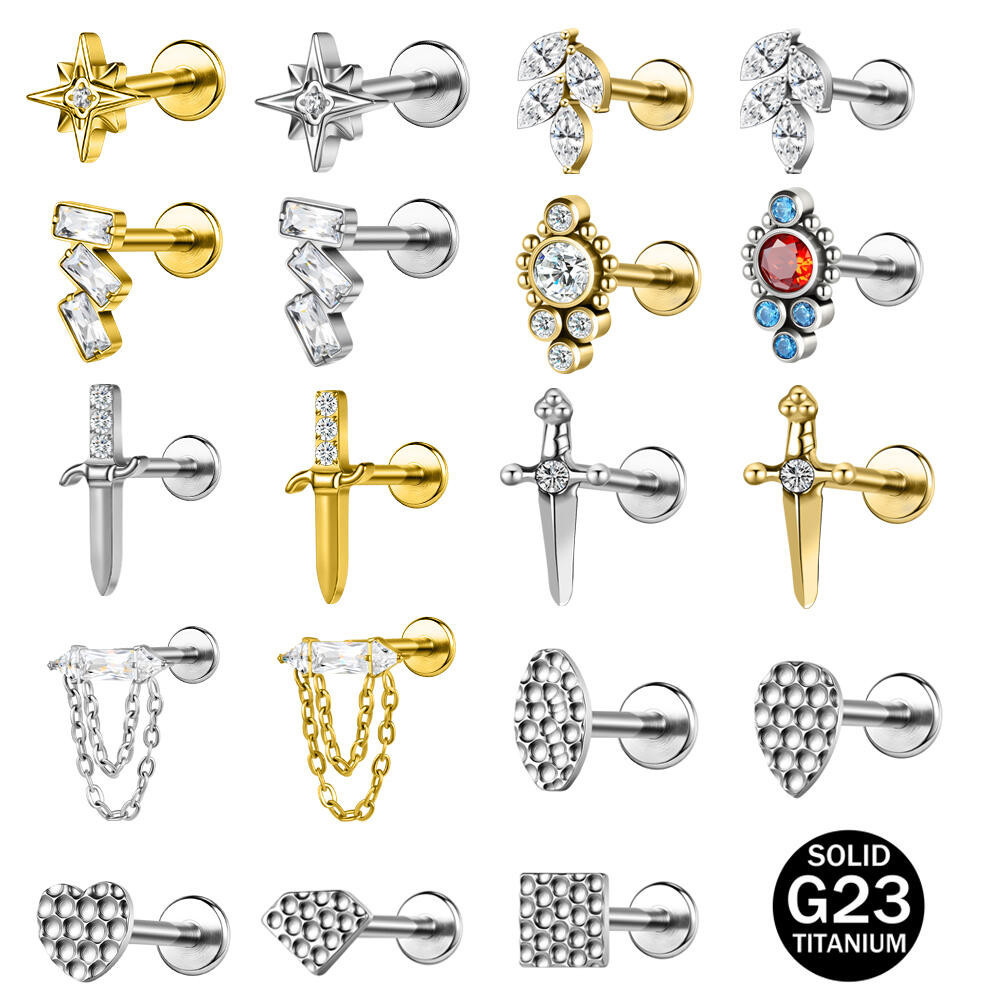 1 PC 16G G23 ต่างหูไทเทเนียม Lave Love Ear Stud ด้ายภายในเจาะโซ่กระดูกอ่อนสตั๊ดต่างหูคริสตัล Labret เจาะ