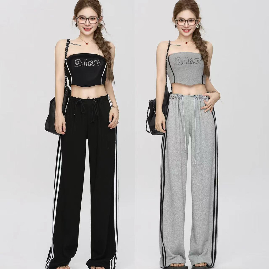 Luna Shop ชุด 2 ชิ้นสีดําและสีเทาสไตล์อเมริกันย้อนยุคเซ็กซี่ปิดไหล่ด้านบนและกางเกงสูทสองชิ้น