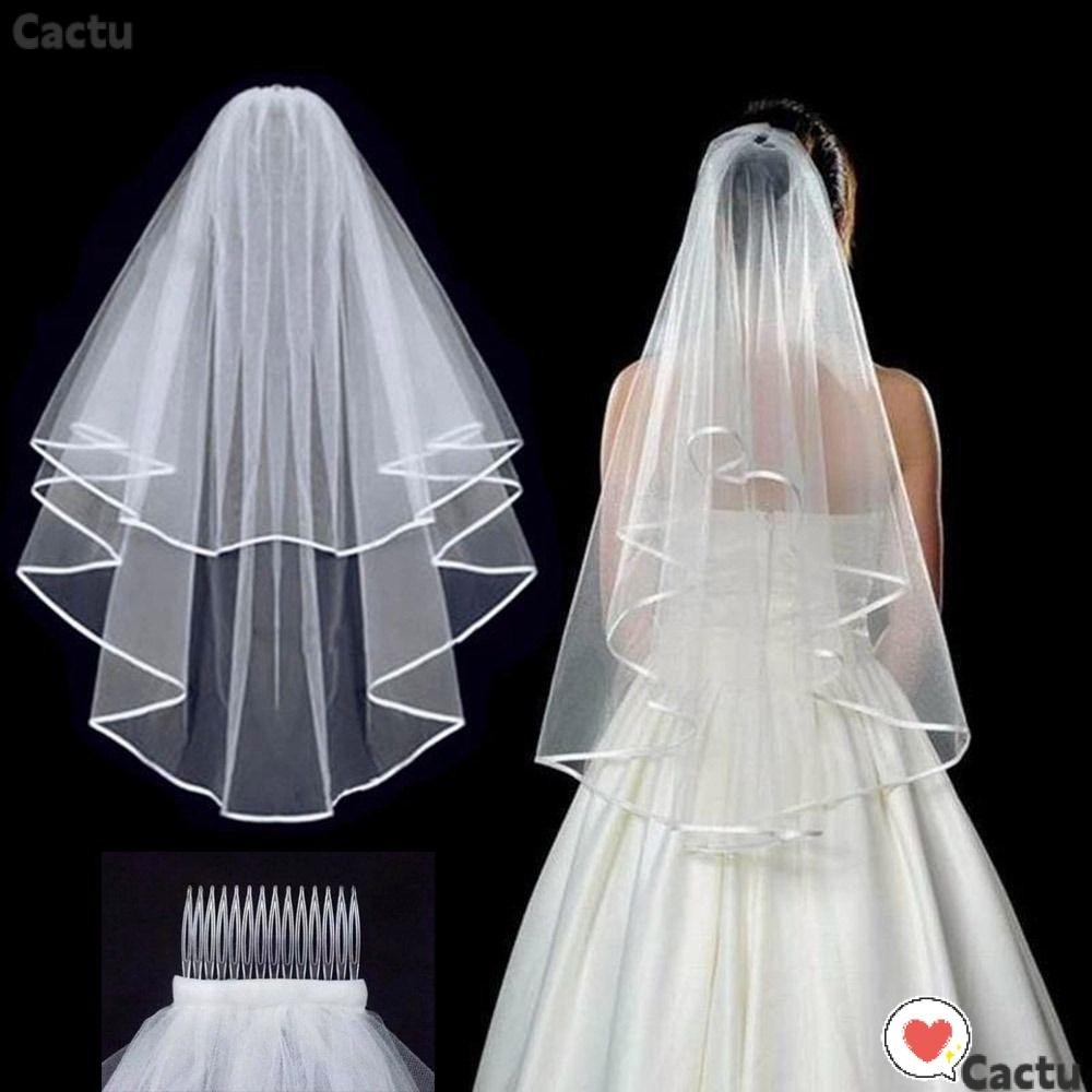 Cactu ผ้าคลุมหน้าเจ้าสาว สีขาวงาช้าง แบบสั้น สองชั้น พร้อมหวี