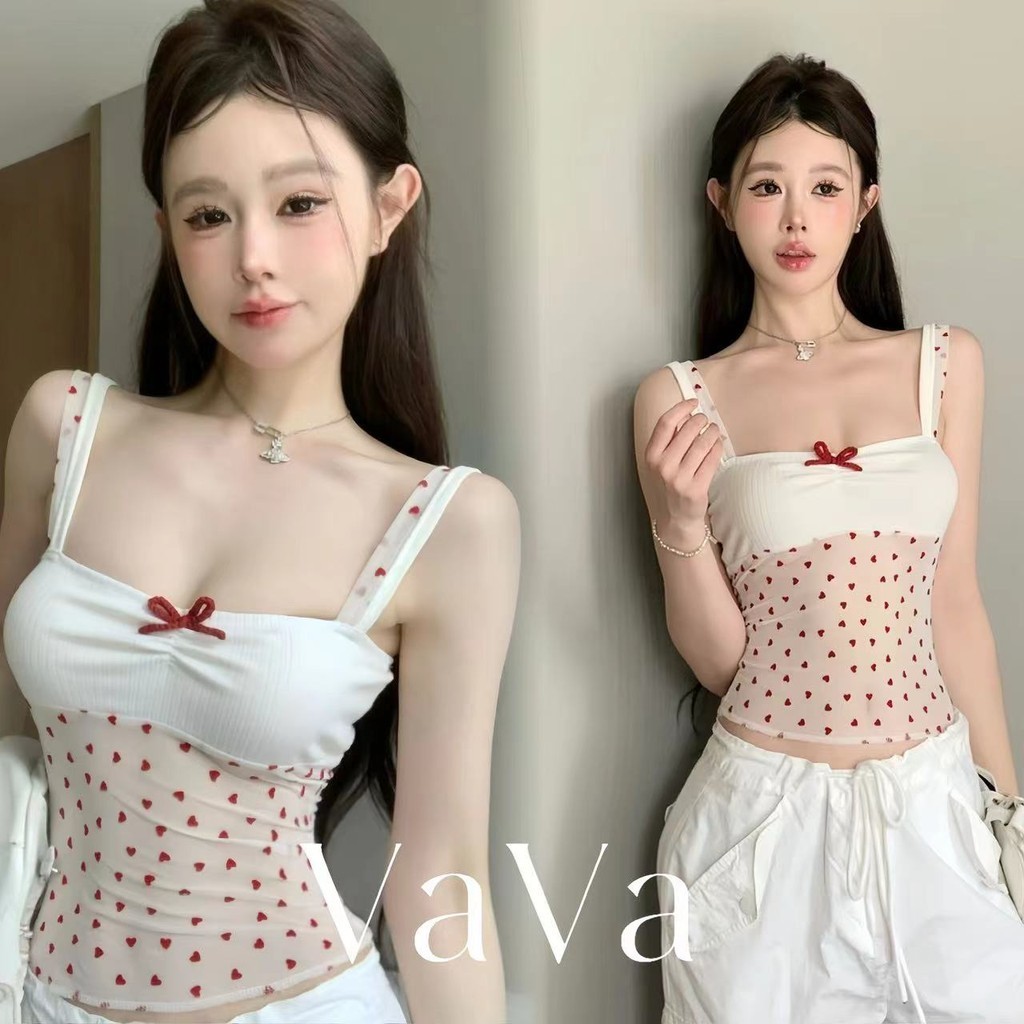VaVa  มีสินค้า เสื้อกั๊กความรักขนาดเล็กย้อนยุคใหม่ เสื้อกล้ามลําลอง ผ้าตาข่าย พิมพ์ลายโบว์ เซ็กซี่ แฟชั่นสําหรับ
