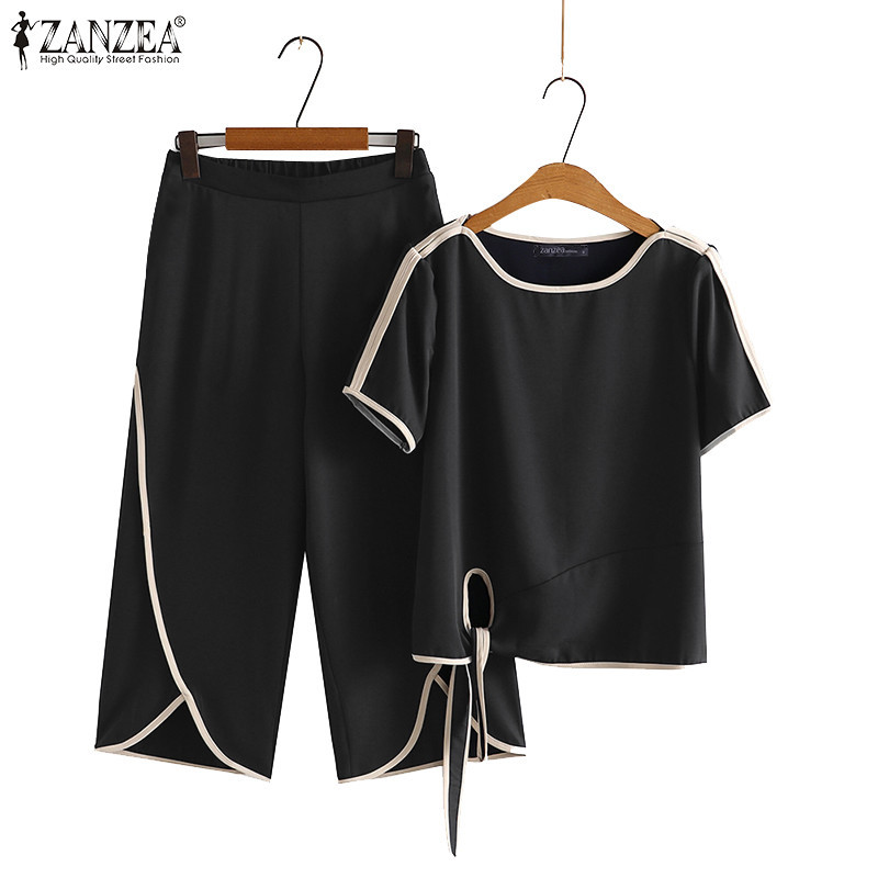 ZANZEA ใส่ ซานเซีย ผู้หญิงเกาหลีคอกลมแขนสั้นสีคมชัดท็อปส์กางเกง
