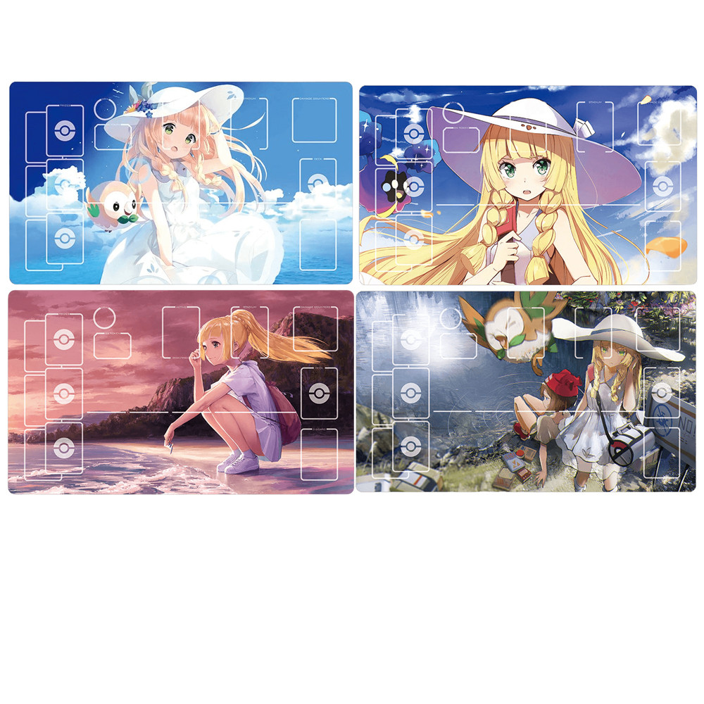 Pokemon PTCG อะนิเมะเทรนเนอร์ Lillie Lunala เฉพาะเกม Battle Card Mat 60x35 ซม. Anti-slip เกม Battle Card Mat ของขวัญของเล่น