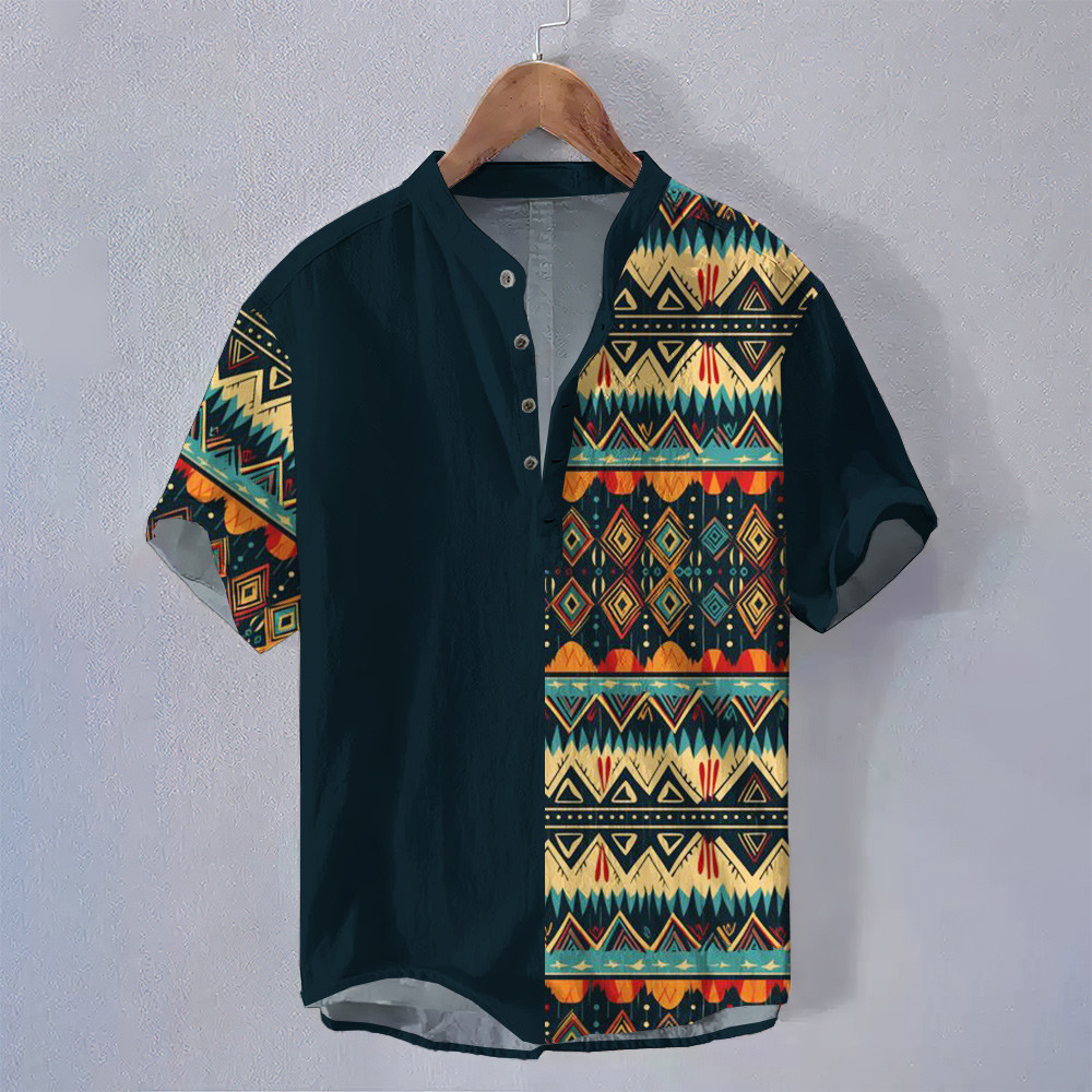 ฤดูร้อนสไตล์ชาติพันธุ์ชนเผ่าชายยืนขึ้นปกเสื้อแขนสั้นดอกไม้รูปแบบเรขาคณิตพิมพ์เสื้อผ้าย้อนยุคหลวมระบายอากาศขนาดใหญ่โบฮีเมียนเสื้อโปโลส