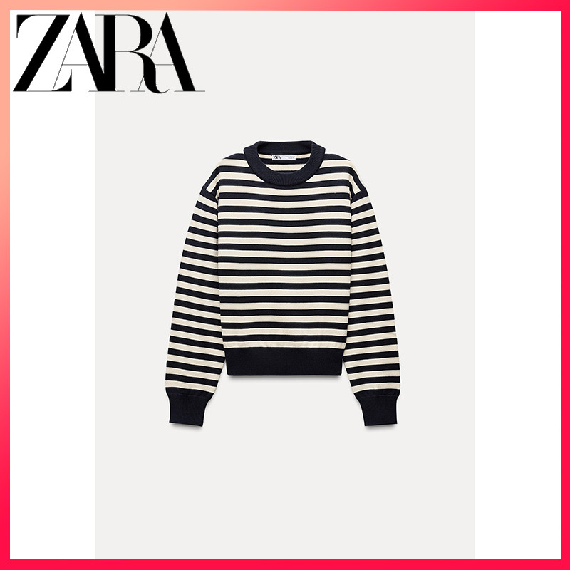 ZARA ซาร่า 25 ฤดูใบไม้ผลิสินค้าใหม่เสื้อสเวตเตอร์สั้นกีฬาลําลองลายทางสําหรับผู้หญิง