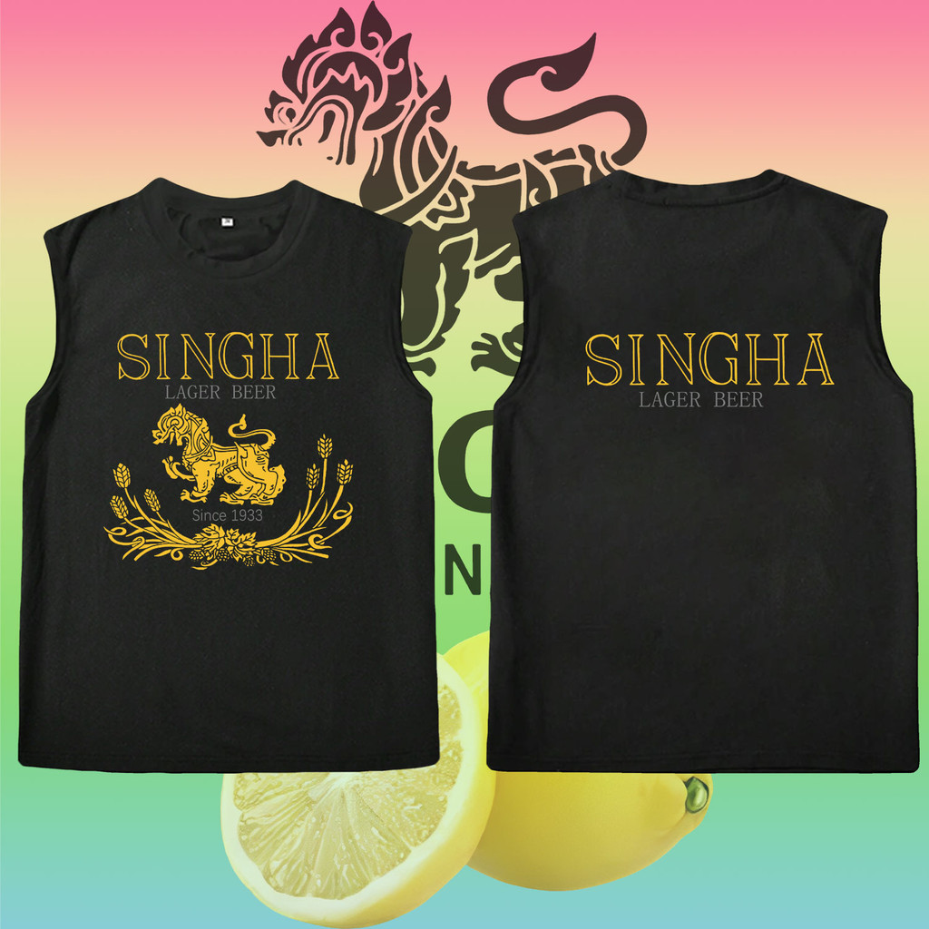Singha Lemon Soda Tank ผ้าฝ้ายแขนกุดเสื้อยืดพิมพ์ร้อยสำหรับผู้ชายและผู้หญิง