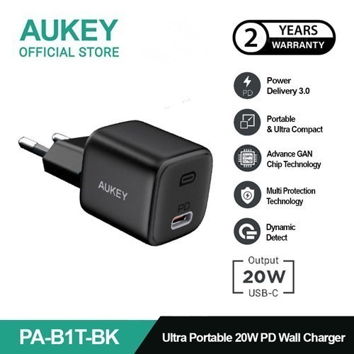 AUKEY Charger Type C 20W GAN PD 3.0 Fast Charging PA-B1T - สีดํา - สีดํา