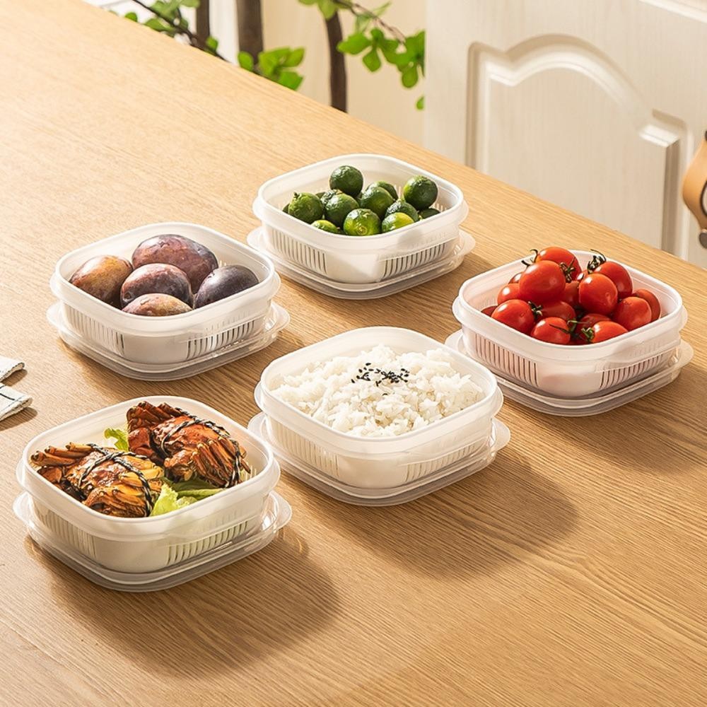 CAJA1 ข้าวกล่องเก็บของสด,ตะกร้าท่อระบายน้ําสองชั้นเก็บสด,ตู้เย็นคอนเทนเนอร์ไมโครเวฟผักผลไม้กล่องจัดระเบียบอุปกรณ์ครัว - รูปที่ 3