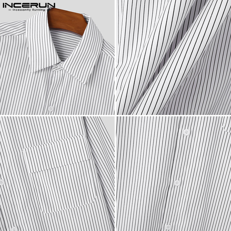 Incerun ผู้ชายเกาหลี Commute Casual Turn-Down-Collar เสื้อแขนยาวลายทาง ราคา ถูกที่สุด ดีลบีเคเค แกลเลอรีภาพที่ 9