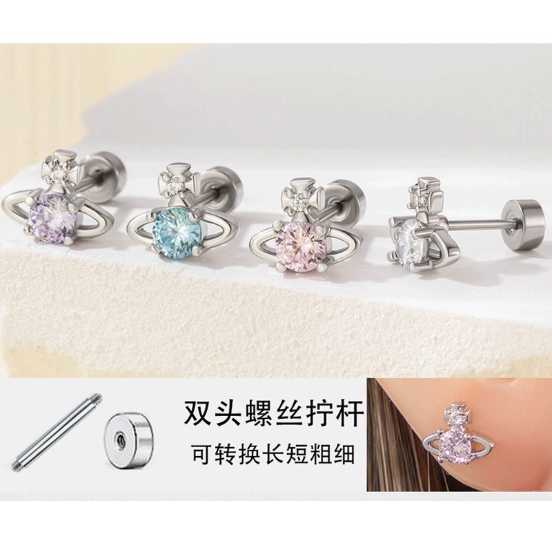 Hearts and Arrows Saturn Ear Bone Nail Niche High-Sense Double Head Screw ต่างหูไทเทเนียมต่างหูสาว