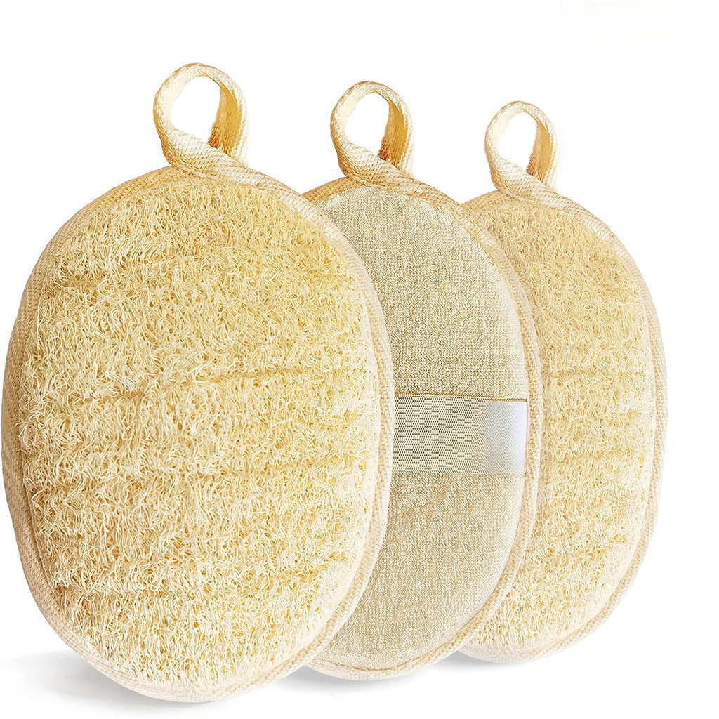 3 ชิ้น Natural Loofah Sponge Exfoliating Body Scrubber, Shower Loofah สําหรับผู้ชาย, ผู้หญิงและเด็ก