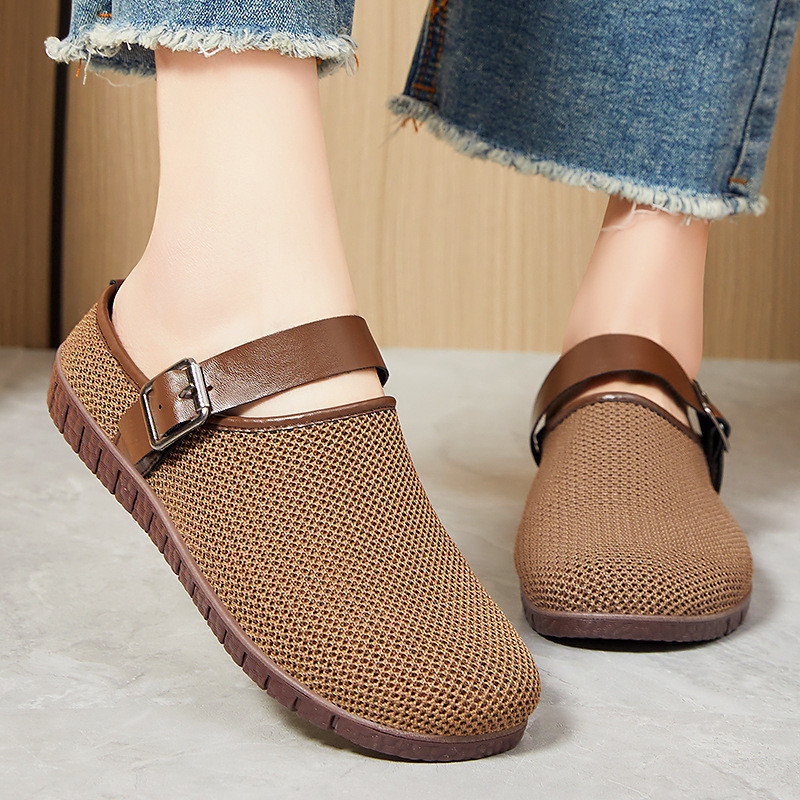 IELGY 2025 ผู้หญิงแอปริคอทสไตล์ฤดูใบไม้ผลิอเนกประสงค์ Retro Soft-soled รองเท้าแตะ Ins รองเท้าแตะลําลองตาข่าย