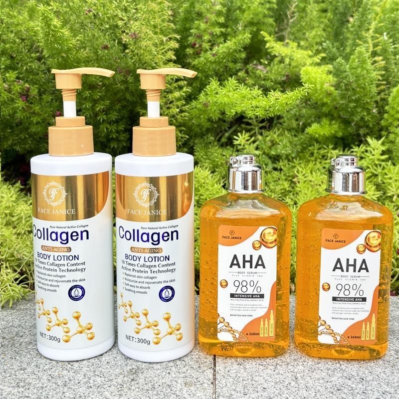 【2 แถม 2】AHA เซรั่มผิวขาว98% Body serum 260ml + FACE JANICE โลชั่นคอลลาเจนทองคำ 300ml ช่วยให้ผิวกระจ่างใส ผิวกายชุ่มชื้น
