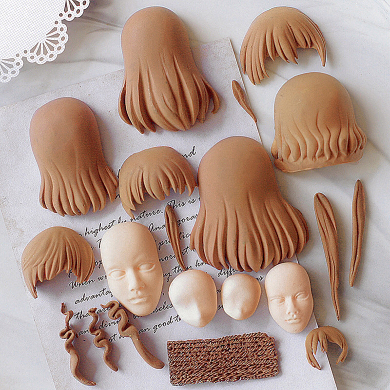 ตุ๊กตาฟองดองดินเหนียวตัวการ์ตูนอนิเมะ DIY ใบหน้าแสดงอารมณ์ ทรงผม แม่พิมพ์เค้กซิลิโคน