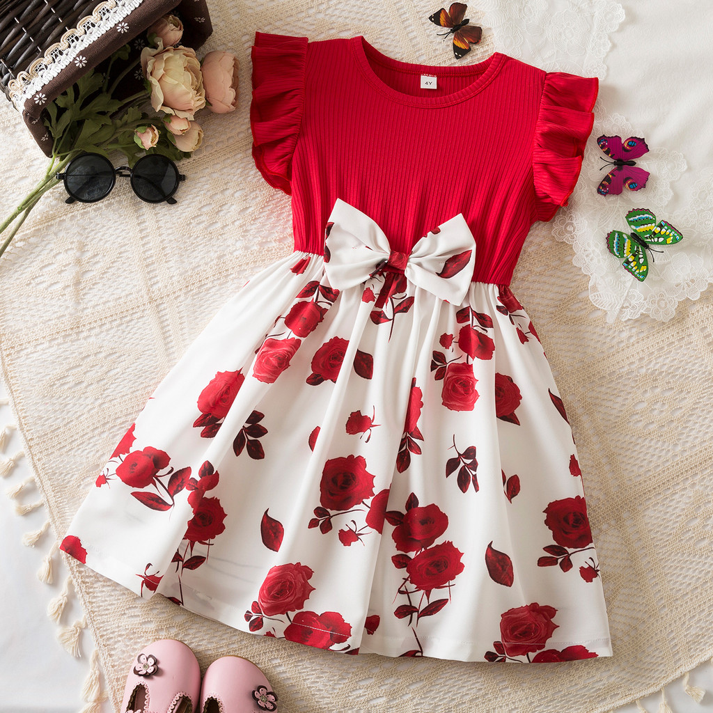 Nnjxd ฤดูร้อนใหม่ชุดสําหรับ 3-8 ปี ดอกกุหลาบพิมพ์สบายๆสาววันเกิดชุดหูเชื้อราขอบแ