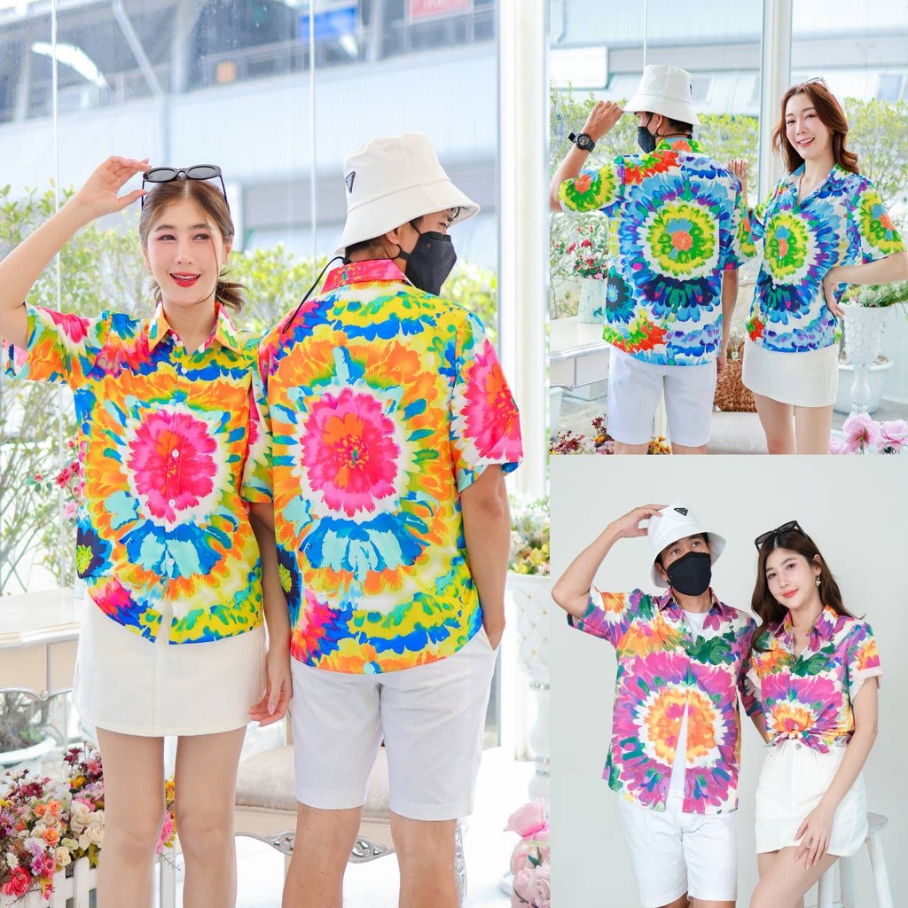 PINK3135เสื้อฮาวายลายมัดย้อม สีสันสดใส ไซส์S-8XL ผ้าโพลีพลีเมี่ยม ทรงวัยรุ่น หญิงชายใส่ได้ ลายคมชัด **1ตัว**