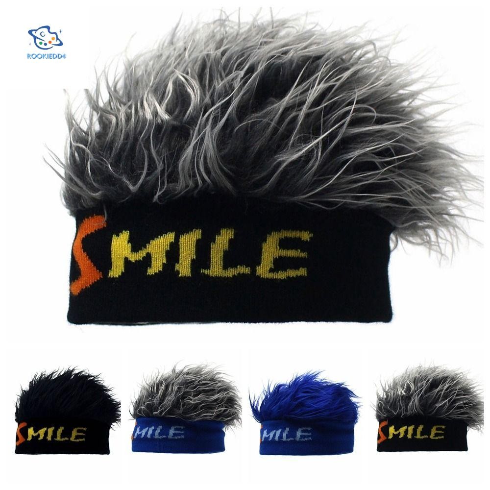 Rookiedd4 Brimless Beanie วิกผมหมวก, Hip Hop Rock ผมปลอม Skullcap, Street Fluffy ถัก Retro สนุกผมสั้นหมวกผู้ชาย