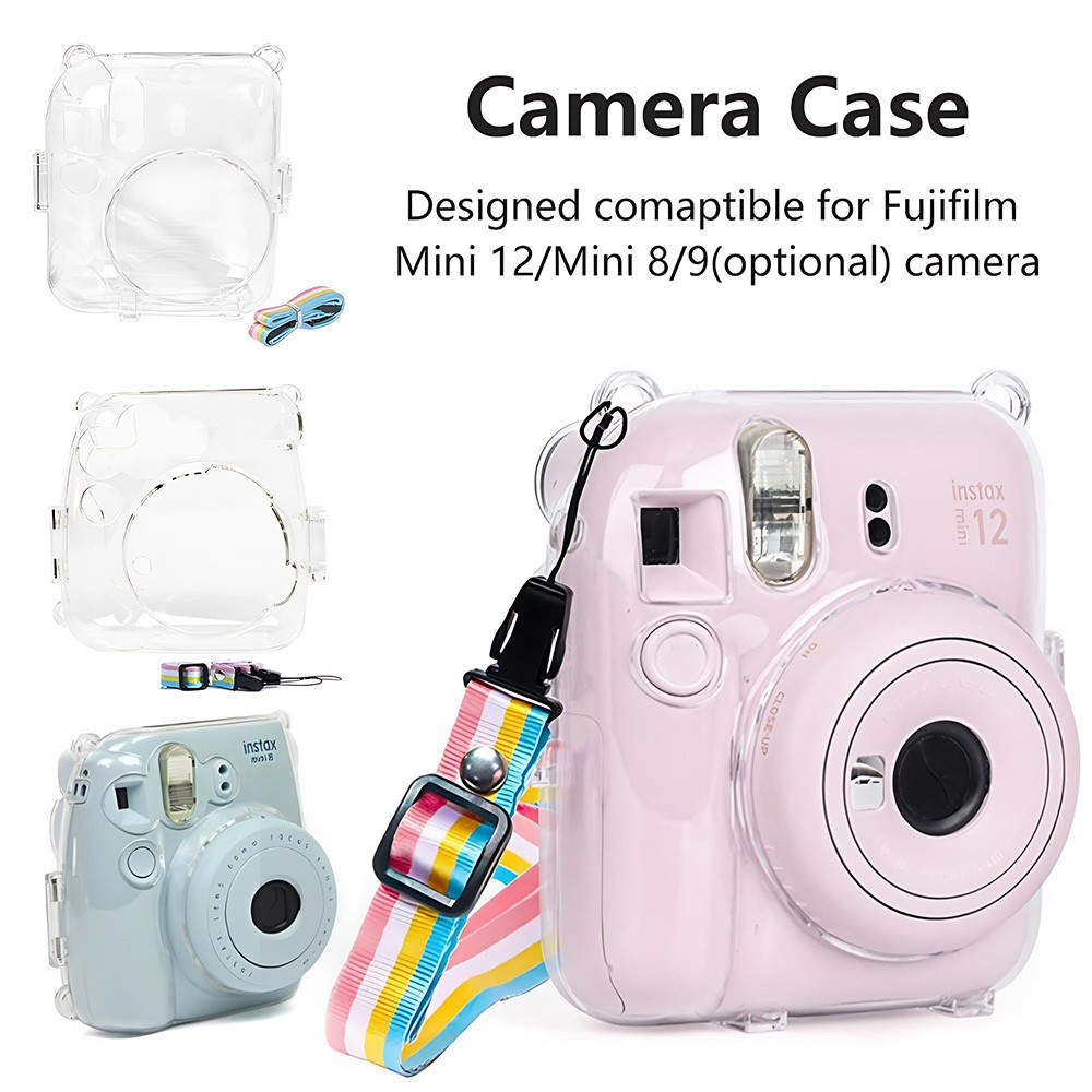 For Fujifilm Instax Mini 11 12 ชุดตัวเรือนกล้องโปร่งใส พร้อมถุงเก็บสายรัดไหล่ ด้วยสติกเกอร์น่ารัก สำหรับMini 11 12